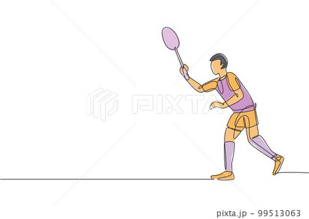 One continuous line drawing of young badminton player ready to take opponent serve. Sport exercise concept. Dynamic single line draw design vector illustration for tournament match promotion poster One continuous line drawing of young badminton player ready to take opponent serve. Sport exercise concept. Dynamic single line draw design vector illustration for tournament match promotion poster 99513063