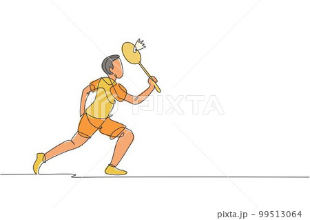 Single continuous line drawing of young agile badminton player take a hit from opponent. Sport training concept. Trendy one line draw design vector illustration for badminton tournament publication 99513064