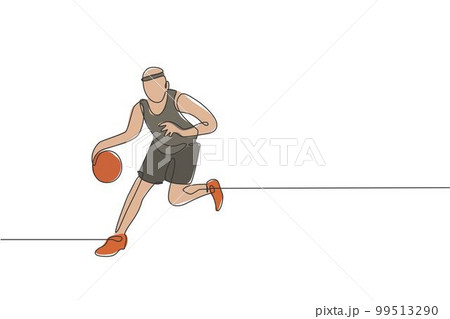 One continuous line drawing of young basketball player practicing and training at court field. Team sport concept. Dynamic single line draw design vector illustration for championship match poster 99513290