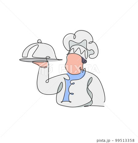 Single continuous line drawing of stylized man chef serving food for restaurant logo label. Food cafe mascot concept. Modern one line draw design vector graphic illustration for food delivery service 99513358