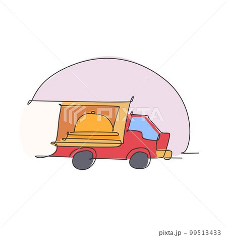 Single continuous line drawing of stylized truck box car with tray cover cloche for food delivery service logo label. Restaurant food delivery concept. Modern one line draw design vector illustration Single continuous line drawing of stylized truck box car with tray cover cloche for food delivery service logo label. Restaurant food delivery concept. Modern one line draw design vector illustration 99513433