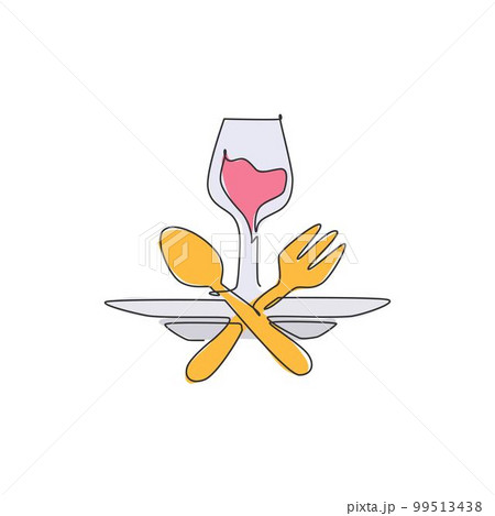 One continuous line drawing of fresh drink on glass for restaurant logo emblem. Fast food cafe shop logotype template art concept. Modern single line draw design vector graphic illustration 99513438