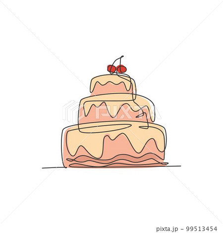 One continuous line drawing of fresh delicious stacked birthday cake with strawberry fruit topping. Pastry confectionery concept. Modern single line draw design graphic vector illustration 99513454