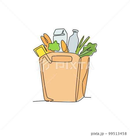 One single line drawing of fresh vegetables, milk, lettuce, carrot and bread vector graphic illustration. Daily staple food badge concept. Modern continuous line draw grocery store design One single line drawing of fresh vegetables, milk, lettuce, carrot and bread vector graphic illustration. Daily staple food badge concept. Modern continuous line draw grocery store design 99513458