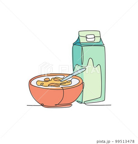 One continuous line drawing of fresh delicious cereal breakfast and milk with gable top carton box. Healthy natural food. Modern single line draw design organic food vector graphic illustration One continuous line drawing of fresh delicious cereal breakfast and milk with gable top carton box. Healthy natural food. Modern single line draw design organic food vector graphic illustration 99513478