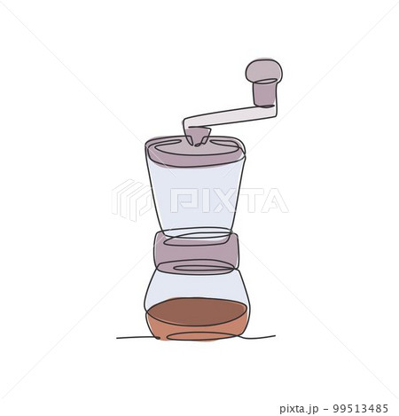 One continuous line drawing of manual wooden handy coffee grinder logo emblem. Old vintage classic coffee mill logotype template concept. Modern single line draw coffee shop design vector illustration One continuous line drawing of manual wooden handy coffee grinder logo emblem. Old vintage classic coffee mill logotype template concept. Modern single line draw coffee shop design vector illustration 99513485