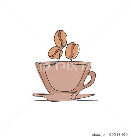 One single line drawing of fresh aromatic black coffee with beans logo vector illustration. Coffee shop menu and restaurant badge concept. Modern continuous line draw design street drink logotype 99513490