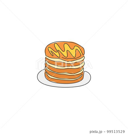 One continuous line drawing of fresh delicious American pancake piled restaurant logo emblem. Breakfast food cafe shop logotype template concept. Modern single line draw design vector illustration 99513529
