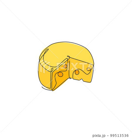 One single line drawing of fresh sliced round French cheese logo vector graphic illustration. Grocery store and cake shop badge concept. Modern continuous line draw design street food logotype 99513536