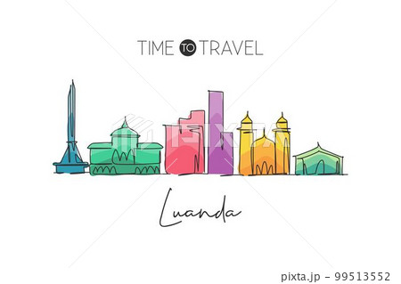 Single continuous line drawing of Luanda city skyline, Angola. Famous city scraper and landscape home wall decor poster art print. World travel concept. Modern one line draw design vector illustration 99513552