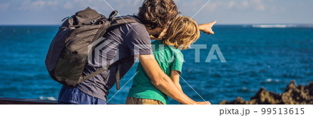 Father and son travelers on amazing Nusadua, Waterbloom Fountain, Bali Island Indonesia. Traveling with kids concept BANNER, LONG FORMAT Father and son travelers on amazing Nusadua, Waterbloom Fountain, Bali Island Indonesia. Traveling with kids concept BANNER, LONG FORMAT 99513615