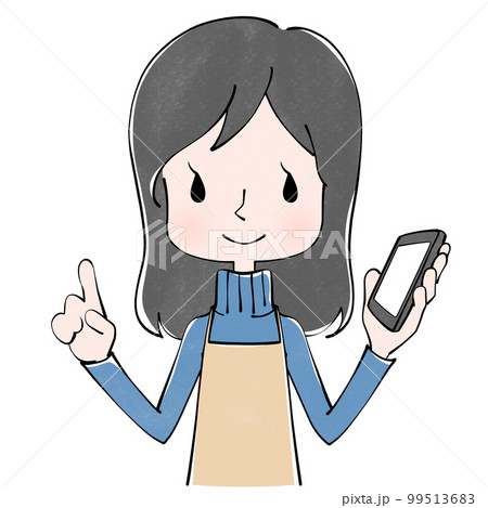 スマホ　エプロンをつけた女性のイラスト 99513683