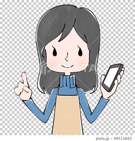 スマホ　エプロンをつけた女性のイラスト 99513683