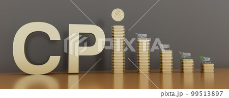 Growth of sales or growth of market basket or consumer price index concept. CPI. Shopping basket on coin stacks. 3d illustration Growth of sales or growth of market basket or consumer price index concept. CPI. Shopping basket on coin stacks. 3d illustration 99513897