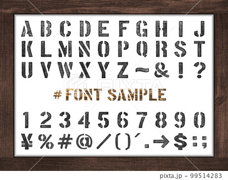 縁がかすれた黒いスタンプ文字、型抜きステンシルフォントのサンプル 縁がかすれた黒いスタンプ文字、型抜きステンシルフォントのサンプル 99514283
