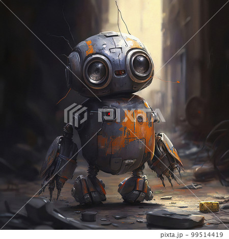Cyberpunk Style Cute Grey and Orange Robot walking down an Alleyway in a Dystopian World 99514419