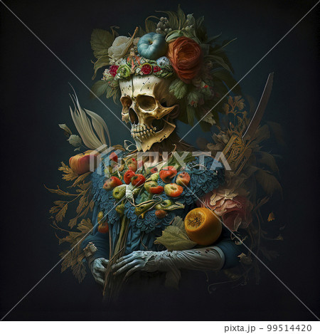 Dark Elegant Horror Background with a Skeleton Adorned with Fruits and Flowers as a Decorative Element, Dark and Moody Aesthetic Dark Elegant Horror Background with a Skeleton Adorned with Fruits and Flowers as a Decorative Element, Dark and Moody Aesthetic 99514420