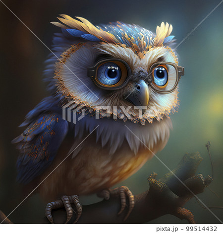 Fantasy Art Cute Little Owl with Glasses siting on a Tree Branch Fantasy Art Cute Little Owl with Glasses siting on a Tree Branch 99514432