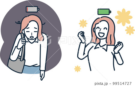 元気な女性と疲れ果てている女性　セット　シンプルイラスト 99514727