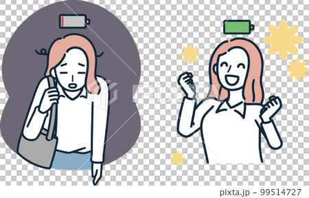 元気な女性と疲れ果てている女性　セット　シンプルイラスト 99514727