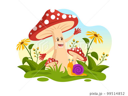Mushrooms Illustration with Different Mushroom, Grass and Insects for Web Banner or Landing Page in Flat Cartoon Hand Drawn Templates 99514852