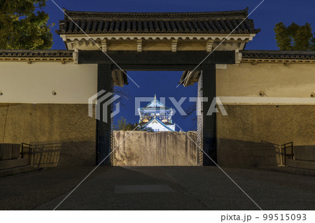 大阪城桜門 門の中央に大阪城天守閣が見える 夜景 大阪城桜門 門の中央に大阪城天守閣が見える 夜景 99515093
