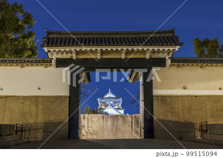 大阪城桜門 門の中央に大阪城天守閣が見える 夜景 大阪城桜門 門の中央に大阪城天守閣が見える 夜景 99515094