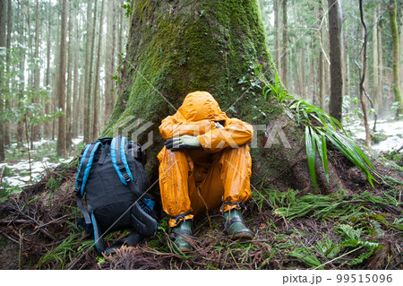 森で遭難して座り込んでいる男性 99515096
