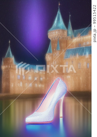 輝くクリスタルガラスの靴と幻想的な城 99515422