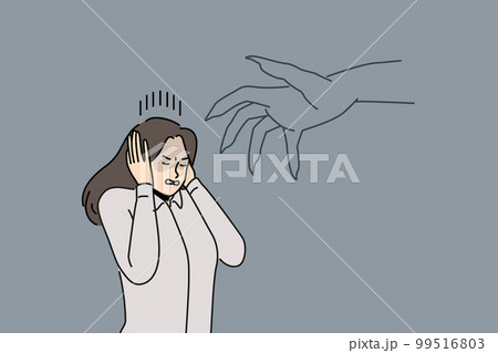 Businesswoman scared of huge hand Businesswoman scared of huge hand 99516803