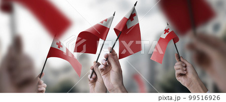 A group of people holding small flags of the Tonga in their hands 99516926