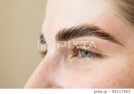 Close-up portrait of a woman after the procedure of correction and lamination of eyebrows.  99517405