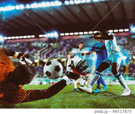 Soccer players play against the opposing team with soccerball at the stadium Soccer players play against the opposing team with soccerball at the stadium 99517875