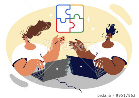 Men and women with laptops sit at cooperated table for joint launch of IT business Men and women with laptops sit at cooperated table for joint launch of IT business 99517962