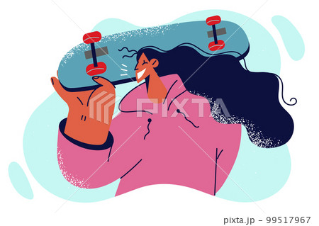 Woman with skateboard goes to skatepark to practice tricks on ramps with skate community Woman with skateboard goes to skatepark to practice tricks on ramps with skate community 99517967
