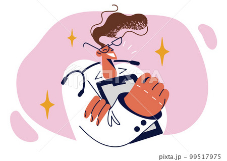 Happy woman nurse holds clipboard to record symptoms of patients who booked doctor consultation Happy woman nurse holds clipboard to record symptoms of patients who booked doctor consultation 99517975