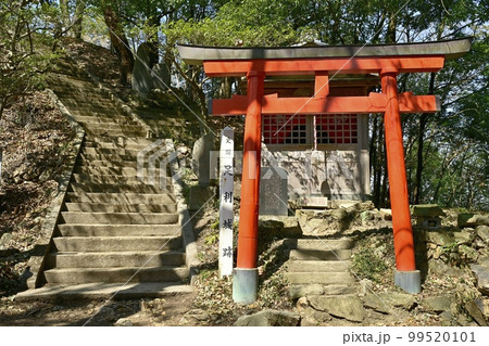 足利市両崖山山頂の御嶽神社に至る石段に段郭の稲荷神社に鳥居 足利市両崖山山頂の御嶽神社に至る石段に段郭の稲荷神社に鳥居 99520101
