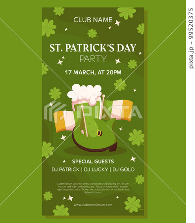 St.Patricks Day holiday vertical party banner template design. Green leprechaun boot, Irish flag and glass with green beer. Event invitation for club and pub 99520375