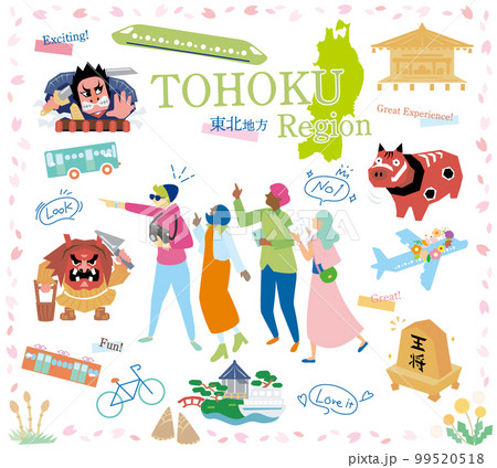 日本の東北地方の春の名所観光を楽しむ観光客、アイコンのセット（フラット） 99520518