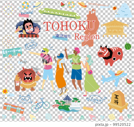 Tourists enjoying sightseeing in summer in the Tohoku region of Japan, set of icons (flat) Tourists enjoying sightseeing in summer in the Tohoku region of Japan, set of icons (flat) 99520522