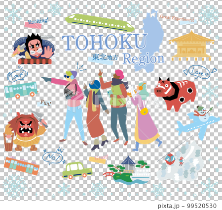 遊客在日本東北地區享受冬季觀光，一組圖標（平面） 99520530