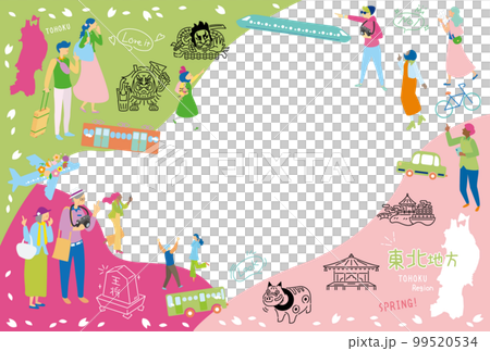 日本の東北地方の春の名所観光を楽しむ観光客、アイコンのセット（フラット） 99520534