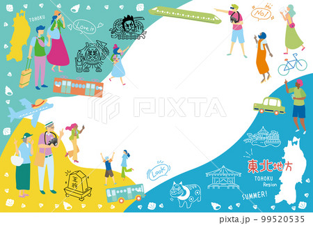 日本の東北地方の夏の名所観光を楽しむ観光客、アイコンのセット(フラット) 日本の東北地方の夏の名所観光を楽しむ観光客、アイコンのセット(フラット) 99520535