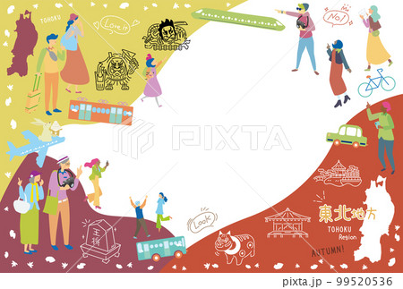 日本の東北地方の秋の名所観光を楽しむ観光客、アイコンのセット（フラット） 99520536