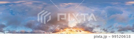 Dark blue sunset sky panorama with pink Cumulus clouds. Seamless hdr 360 panorama in spherical equirectangular format. Full zenith for 3D visualization, sky replacement for aerial drone panoramas. 99520618