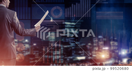 Digital background with infographs and man extending papers or contract Digital background with infographs and man extending papers or contract 99520680