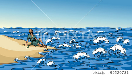 Vector drawing. A man on the shore after a shipwreck 99520781