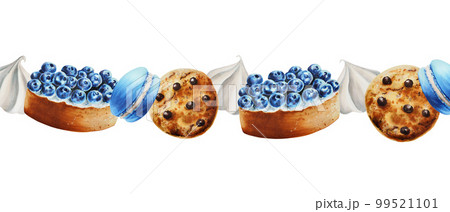 Watercolor border with biscuits, meringue, marshmallows, blueberry tartlet, macaroons. Hand painting sweet on a white isolated background. For designers, menu, shop, bar, bistro, restaurant, for Watercolor border with biscuits, meringue, marshmallows, blueberry tartlet, macaroons. Hand painting sweet on a white isolated background. For designers, menu, shop, bar, bistro, restaurant, for 99521101