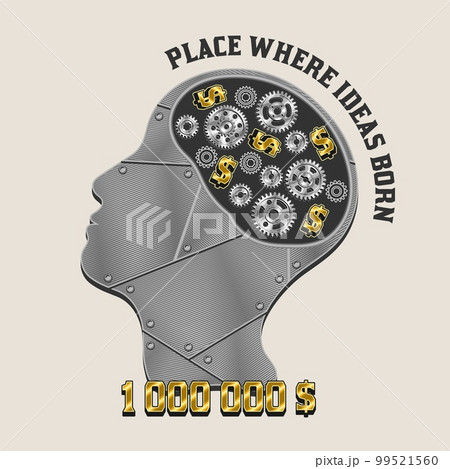 Human head with silver gears, gold dollar symbol, metal plates, rivets 99521560