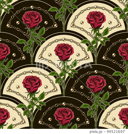 Pattern with diagonal shell shaped grid, roses 99521697